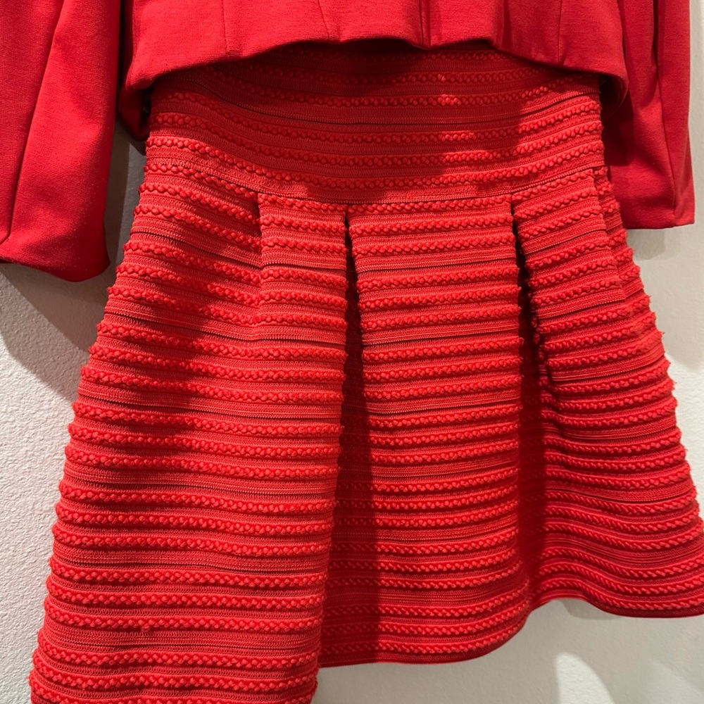 2 Piece H&M Red Skater Skirt & Matching Blazer Suit with Ribbed Pleats Size L/10 - Picture 13 of 16